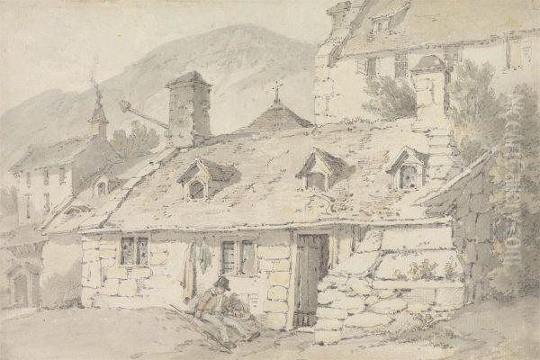 Stone Cottages in a Mountainous Landscape with a Figure in the Foreground Oil Painting by William Alexander