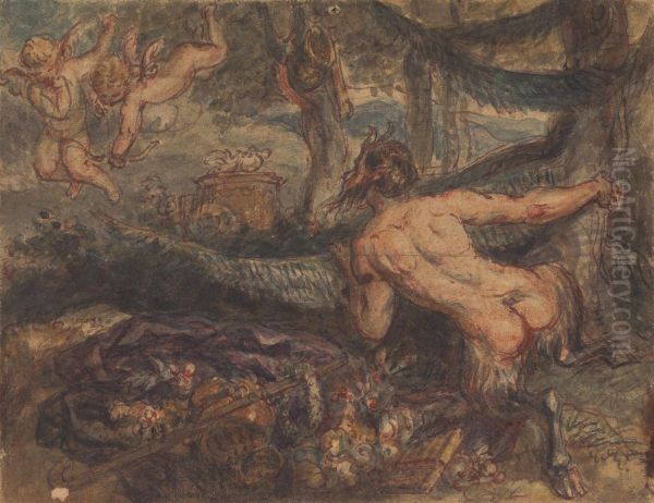 Pan, Spying, From Behind a Tree, at Putti, Shooting Arrows Oil Painting by Robert Smirke