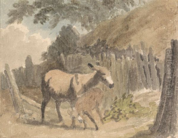 A Donkey and Foal Oil Painting by Robert Hills