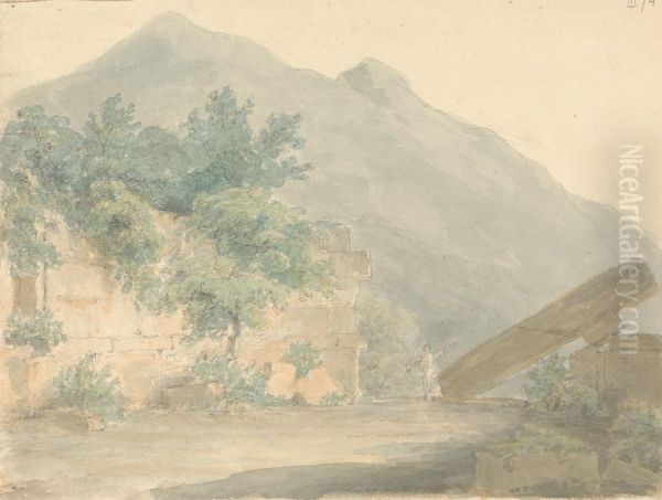 Landscape of Stone Ruins and Mountains Views Oil Painting by Robert Smirke