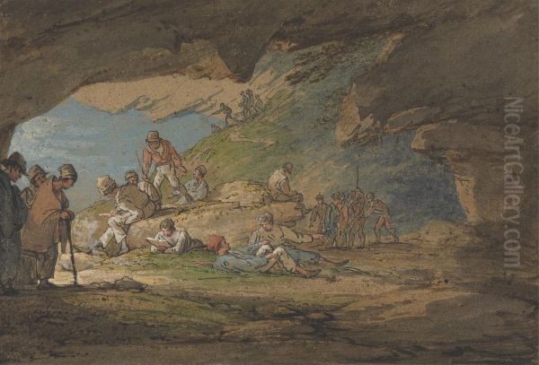 A Cave in Sunlight, with Figures Oil Painting by William Payne