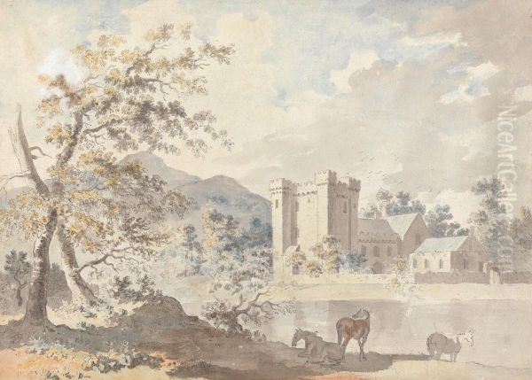 Castle below mountains with horses by a river Oil Painting by Sawrey Gilpin