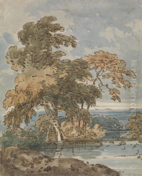 Trees by a River Oil Painting by George Chinnery