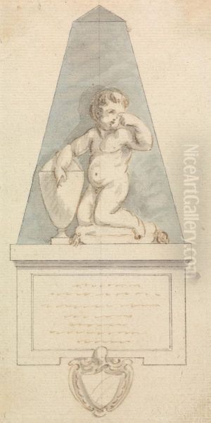 Cherub Weeping by an Urn Oil Painting by Joseph Nollekens