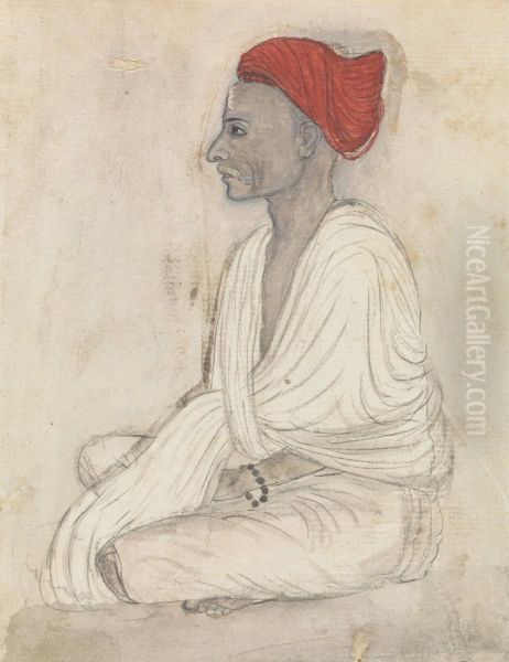 Man in a Red Turban Sitting Crosslegged Oil Painting by Gangaram Chintaman Tambat