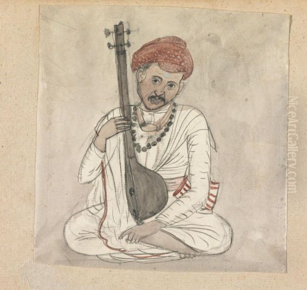 Man with a Stringed Instrument Oil Painting by Gangaram Chintaman Tambat