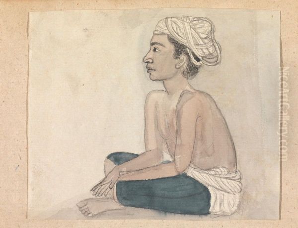 Man with a Blue Cloth over his Legs Oil Painting by Gangaram Chintaman Tambat