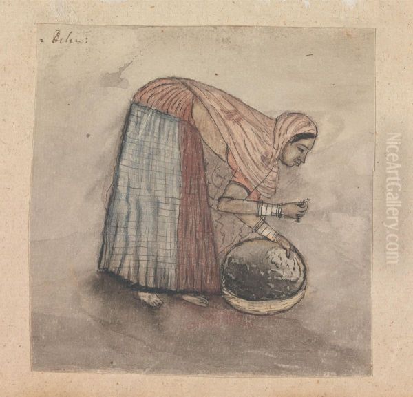 Woman Bending over Basket Oil Painting by Gangaram Chintaman Tambat