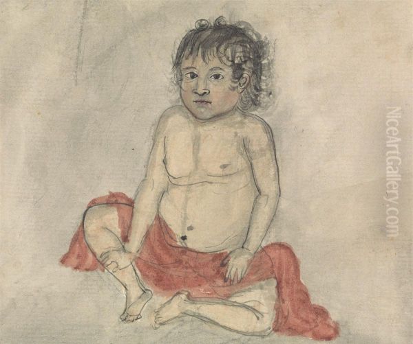 Child with a Red Cloth Oil Painting by Gangaram Chintaman Tambat