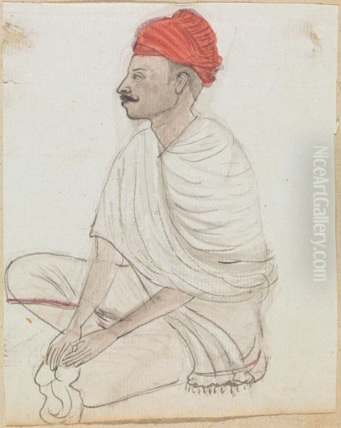 Man with a Red Turban sitting Crosslegged Oil Painting by Gangaram Chintaman Tambat