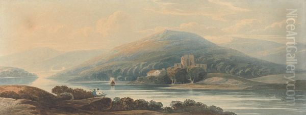 Landscape in Wales with Mountains, Lake, Castle and Two Figures in the Foreground Oil Painting by John Varley