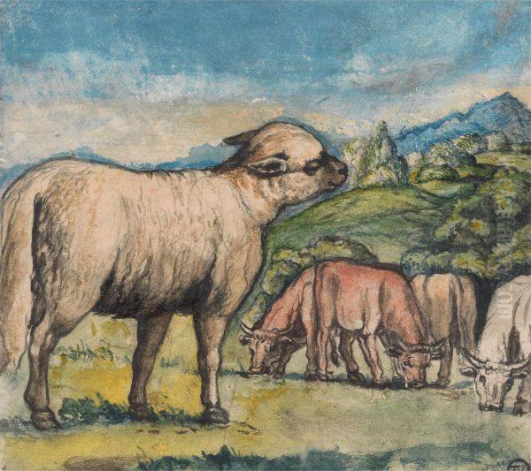 Lamb and Oxen in a Pastoral Landscape Oil Painting by Edward Calvert