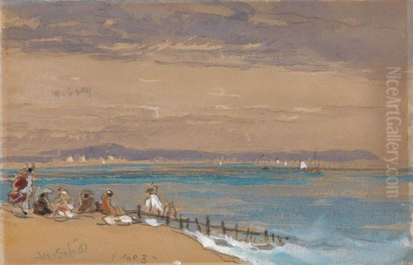 Beach Scene with Figures by a Breakwater Oil Painting by James Holland