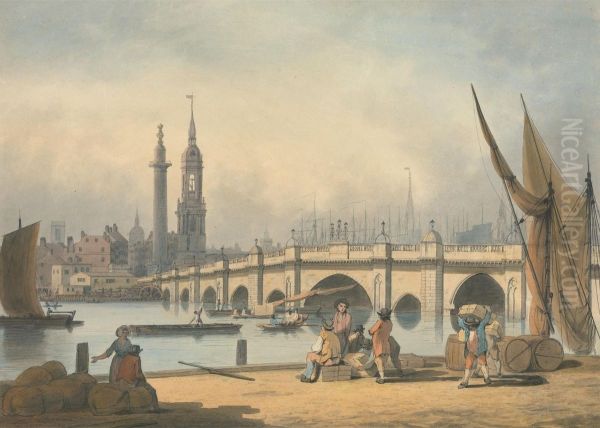 London Bridge and The Monument Oil Painting by Francis Nicholson