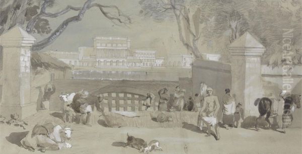 Office of the Sudder Board of Revenue from Kyd Street - Calcutta Oil Painting by Sir Charles D'Oyly, 7th Baronet