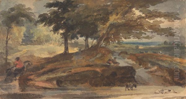 Landscape with Knoll with Trees, Figure on Horseback Oil Painting by Thomas Sully