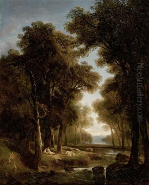 Paysage Avec Arbres, Eau, Bergers Et Vaches Oil Painting by Alexandre Calame