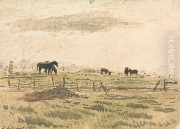 Horses in a Paddock Oil Painting by John Linnell