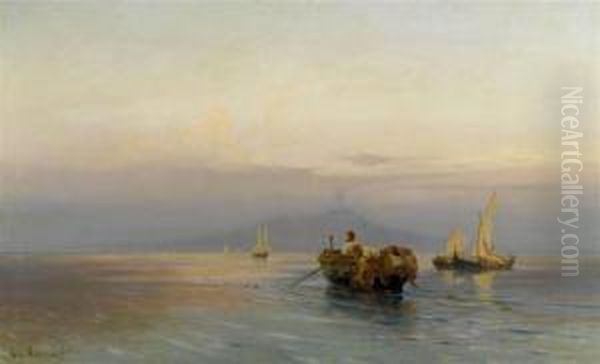 Fishing Boats In The Bay Of Naples With Vesuvius In The Background Oil Painting by Arthur Jean Bapt. Calame