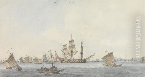 The Hindostan at Anchor in the Strait of Mi-a-tau of the City of Ten-choo-fou at the Entrance to the Gulf of Pekin Oil Painting by William Alexander