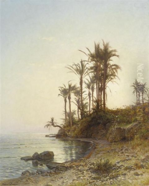 A Coastal Landscape With Palm Trees Oil Painting by Arthur Jean Bapt. Calame