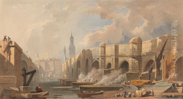 Old and New London Bridge Oil Painting by Edward William Cooke