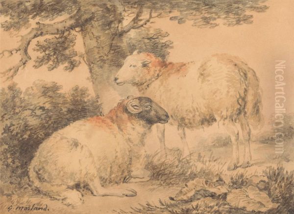 A Ram and Ewe in a Landscape Oil Painting by George Morland