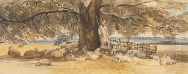 A Shepherd with Flock Beneath a Large Tree Oil Painting by Arthur James Stark