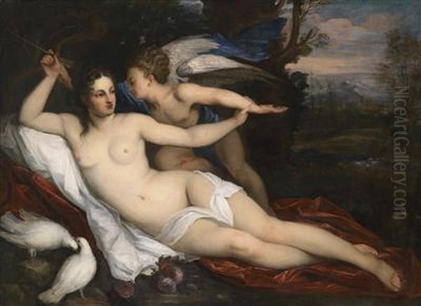 Venus And Cupid In A Landscape Oil Painting by Giacinto Calandrucci