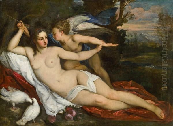 Venus Und Cupido In Einer Landschaft Oil Painting by Giacinto Calandrucci