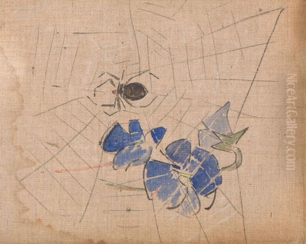 A Spider and Web with Blue Flowers Oil Painting by Joseph Crawhall