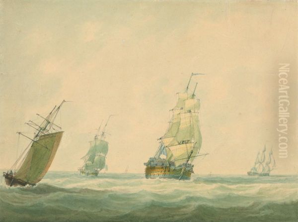 A Two-Decker and other Shipping Offshore Oil Painting by Nicholas Pocock