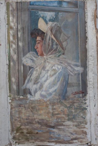 Ritratto Di Giovane Signora Con Velo Bianco Oil Painting by Cesare Calchi Novati