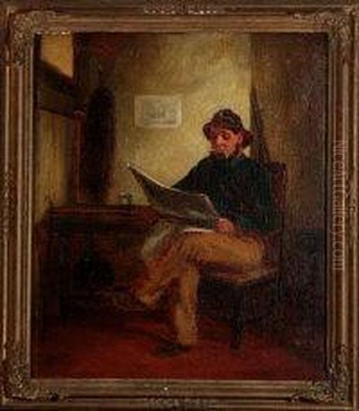 A Fisherman Seated In His Cottage Reading A Newspaper Oil Painting by C Calcott