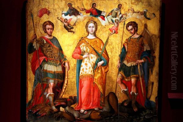 Saints Sergius, Bacchus and Justina (Damaskinos) Oil Painting by Michael Damaskinos