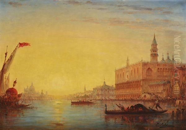 Vue Du Molle Et De Santa Maria Della Salute A Venise Oil Painting by Charles Clement Calderon