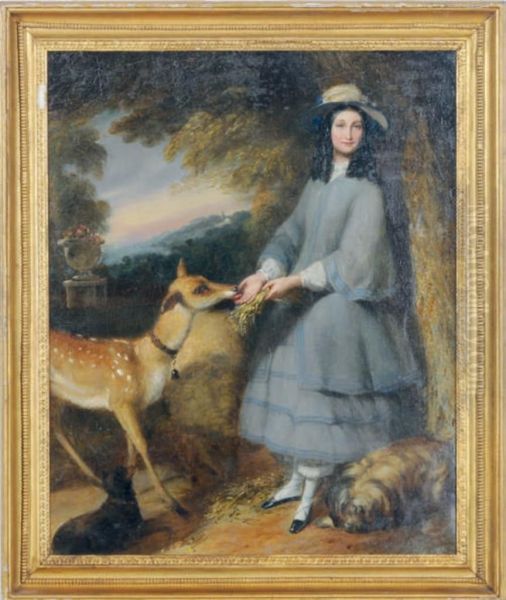 A Lady Feeding A Deer In A Forest Oil Painting by Philip Hermogenes Calderon