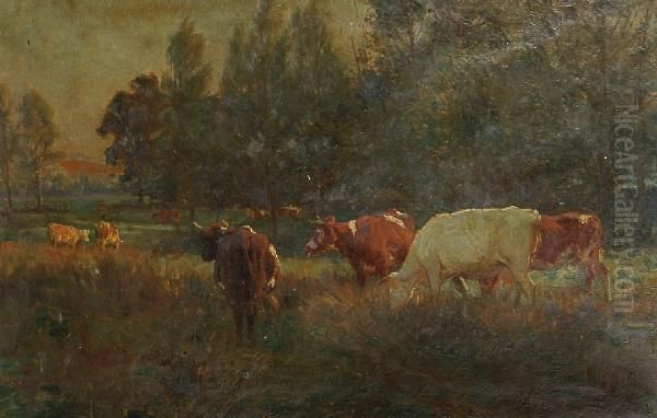 Cattle Grazing In A Meadow Oil Painting by William Frank Calderon