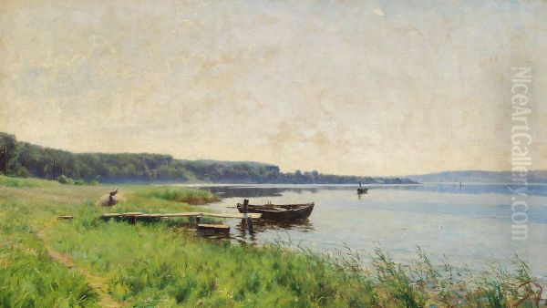 Summer morning at Vejlefjord with a view of Skyttehusodde and Munke-bjerg. Oil Painting by C.M. Soya-Jensen