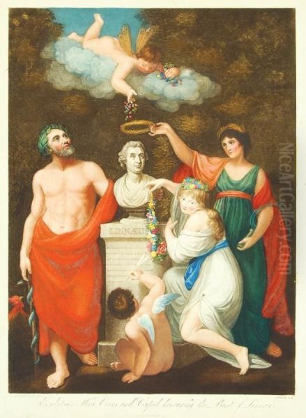 Aesculapius Flora, Ceres And Cupid Honouring The Bust Oflinnaeus Oil Painting by James Caldwall