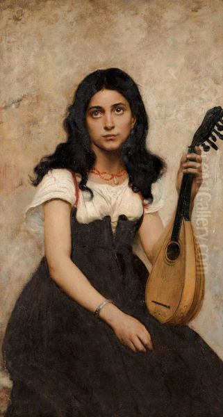 Jeune femme a la mandoline Oil Painting by Edouard Vimont