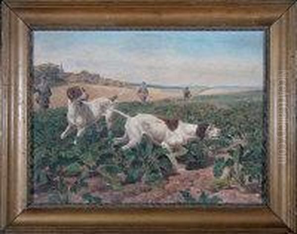 Three Sportsmen And Two Pointers In A Turnip Field Oil Painting by Edmund Caldwell