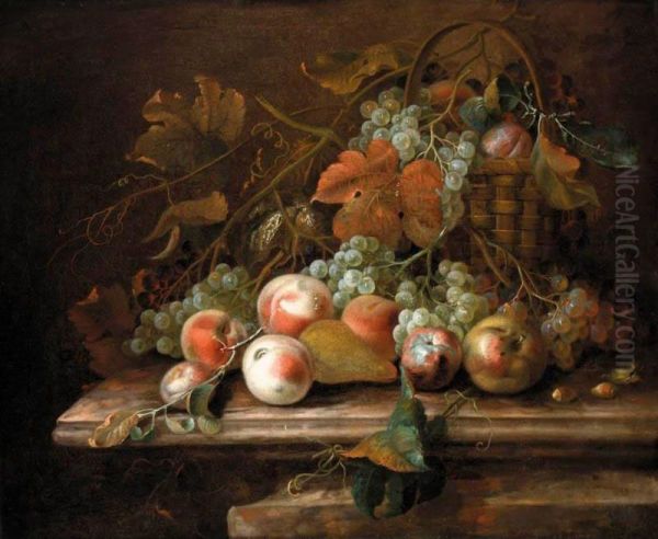 A Still Life Of Grapes In A Basket, Peaches And Plums Oil Painting by Ap Caledfryn