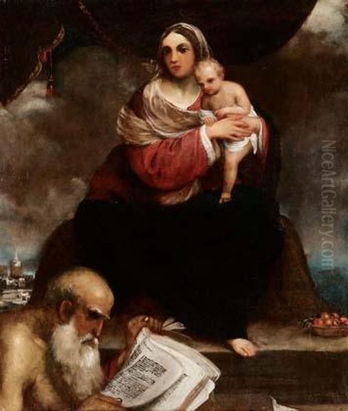 Madonna Col Bambino E San Girolamo Oil Painting by Giuseppe Caletti Il Cremonese