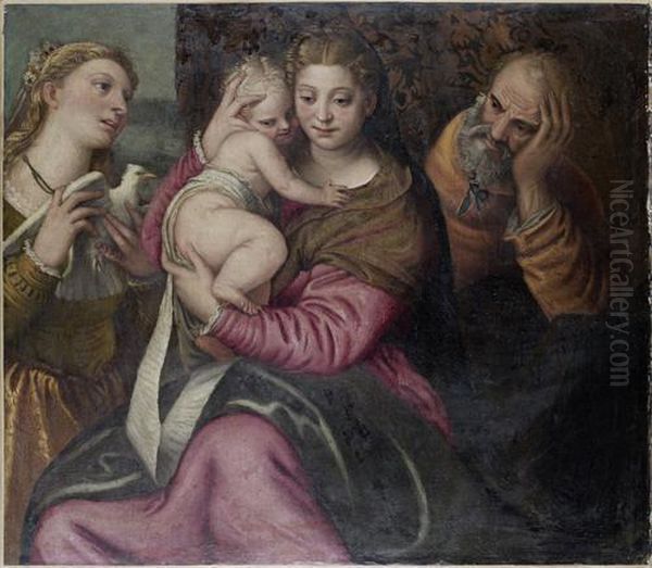 The Holy Family With A Female Martyr Saint Oil Painting by Benedetto Caliari