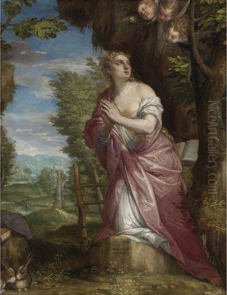 The Penitent Magdalene In A Landscape Oil Painting by Carletto Carliari