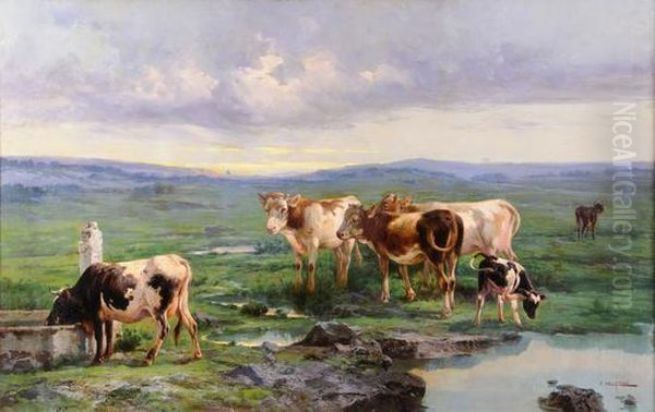 Mucche All' Abbeverata Nella Campagna Con Roma In Lontananza Oil Painting by John, Giovanni Califano