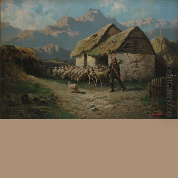 Shepherd Leading His Flock To Graze Oil Painting by John, Giovanni Califano