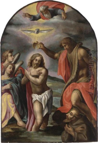 The Baptism Of Christ With Saint Francis Of Assisi Oil Painting by Cesare Calise