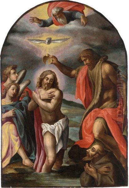 The Baptism Of Christ With Saint Francis Of Assisi Oil Painting by Cesare Calise